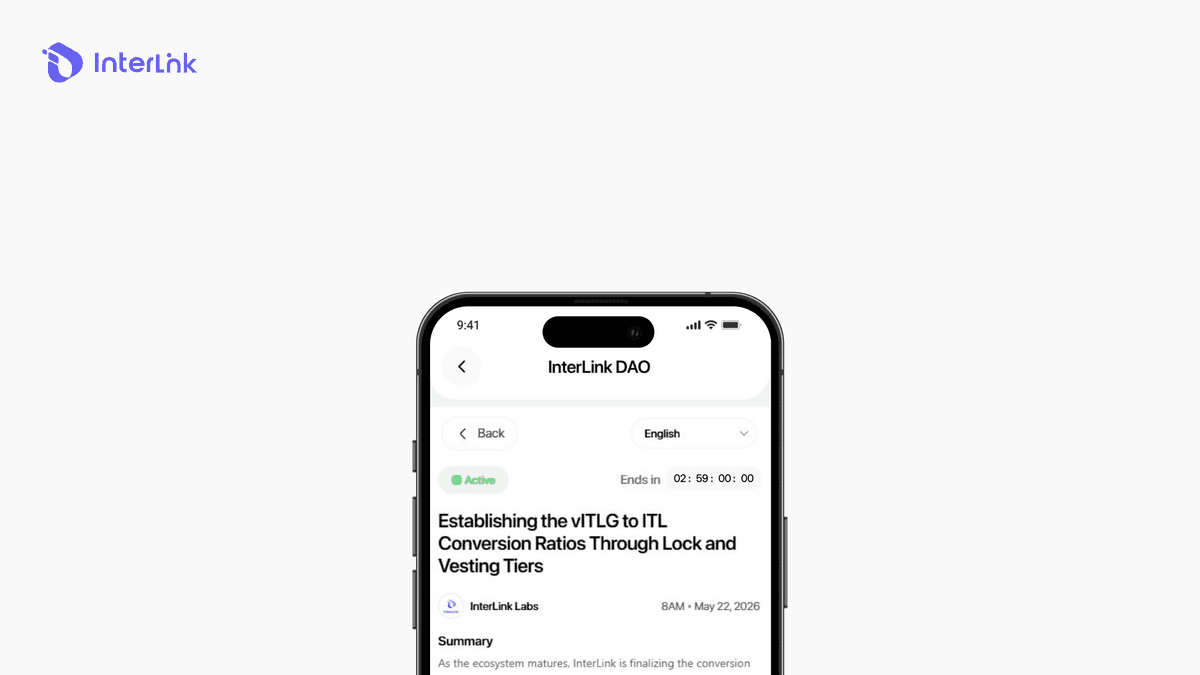 InterLink mobile app interface showing verified human node voting on active DAO proposals
