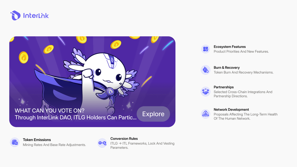 List of key topics InterLink DAO members can vote on including emissions, conversion frameworks, features, and burn mechanisms